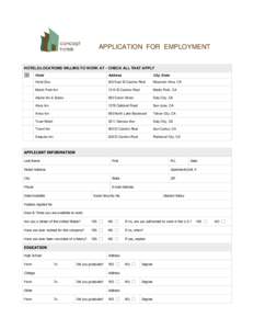APPLICATION FOR EMPLOYMENT HOTELS/LOCATIONS WILLING TO WORK AT – CHECK ALL THAT APPLY   Hotel