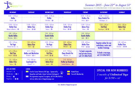 Summer 2015 – June 22nd to August 31st  happytreeyoga.com • YOGA (9642) • 4010 Sainte-Catherine St. West, Suite 200 MONDAY