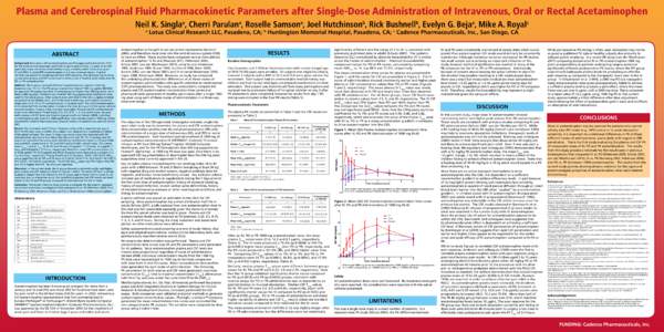 Plasma and Cerebrospinal Fluid Pharmacokinetic Parameters after Single-Dose Administration of Intravenous, Oral or Rectal Acetaminophen Neil K. Singla , Cherri Parulan , Roselle Samson , Joel Hutchinson , Rick Bushnell ,