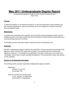 May 2011 Undergraduate Degree Report Conducted and Prepared by Russell B. Lennon, Director of Career Services May 9, 2012 Purpose To determine whether or not recipients secured full or part time employment, where employe