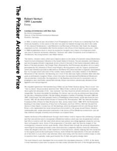 Robert Venturi 1991 Laureate Essay Looking at Architecture with New Eyes By Vittorio Lampugnani Director of the German Architecture Museum