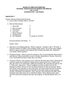 BOARD OF DIRECTOR’S MEETING NATIONAL ASSOCIATION FOR SEARCH AND RESCUE July 15, 2015 Conference Call – 1pm Eastern Agenda Item 1 Subject: Opening Administrative Business