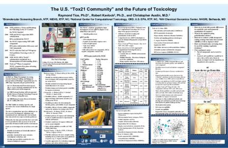 The U.S. “Tox21 Community” and the Future of Toxicology Raymond Tice, Ph.D1., Robert Kavlock2, Ph.D., and Christopher Austin, M.D.3 1Biomolecular Screening Branch, NTP, NIEHS, RTP, NC; 2National Center for Computatio