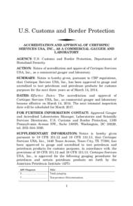 U.S. Customs and Border Protection ◆ ACCREDITATION AND APPROVAL OF CERTISPEC SERVICES USA, INC., AS A COMMERCIAL GAUGER AND LABORATORY