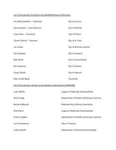 List of the persons Elected to the NEWARN Board of Directors Eric (Rick) Melcher – Chairman City of Aurora  Dennis Watts – Vice Chairman