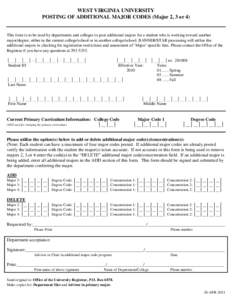 WEST VIRGINIA UNIVERSITY POSTING OF ADDITIONAL MAJOR CODES (Major 2, 3 or 4) This form is to be used by departments and colleges to post additional majors for a student who is working toward another major/degree, either 