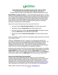 Coverall Names Its Franchise Owners of the Year forFranchise Owners from the Detroit, Oregon, Baltimore, Virginia Beach And Eastern Kentucky Support Centers Recognized for Outstanding Business Performance BOCA RAT