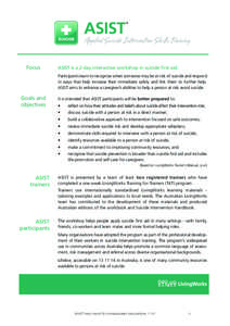 auspiced in Australia by  Focus ASIST is a 2-day interactive workshop in suicide first aid. Participants learn to recognise when someone may be at risk of suicide and respond