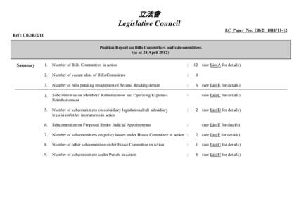 立法會 Legislative Council LC Paper No. CB[removed]Ref : CB2/R/2/11 Position Report on Bills Committees and subcommittees (as at 24 April 2012)