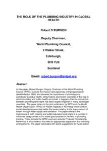 World Plumbing Council / Sanitation / Plumber / Sewer gas / Drinking water / Water supply / Toilet / Uniform Plumbing Code / American Society of Plumbing Engineers / Plumbing / Construction / Architecture