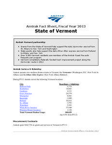 Amtrak Fact Sheet, Fiscal Year[removed]State of Vermont