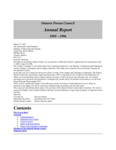 Ontario Parent Council  Annual Report[removed]March 12, 1997 The Honourable John Snobelen