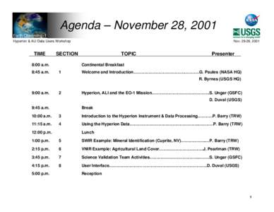 Agenda – November 28, 2001 Earth Observing -1 Hyperion & ALI Data Users Workshop TIME