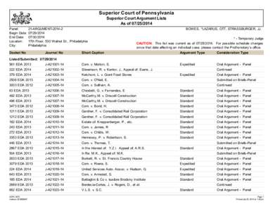 Superior Court of Pennsylvania Superior Court Argument Lists As of[removed]Panel: Begin Date: End Date: