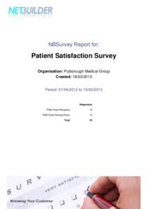 NBSurvey Report for:  Patient Satisfaction Survey Organisation: Pulborough Medical Group Created: [removed]Period: [removed]to[removed]