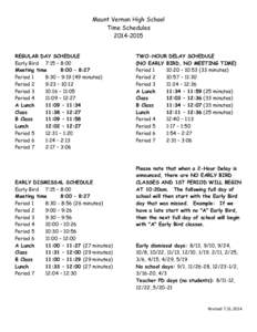 Mount Vernon High School Time SchedulesREGULAR DAY SCHEDULE Early Bird 7:15 – 8:00 Meeting time