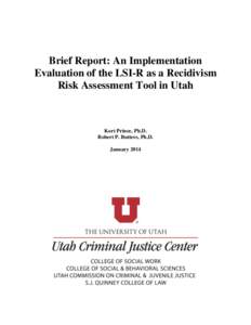 Brief Report: An Implementation Evaluation of the LSI-R as a Recidivism Risk Assessment Tool in Utah Kort Prince, Ph.D. Robert P. Butters, Ph.D.