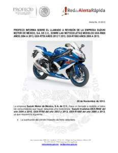 Alerta No[removed]PROFECO INFORMA SOBRE EL LLAMADO A REVISIÓN DE LA EMPRESA SUZUKI MOTOR DE MÉXICO, S.A. DE C.V., SOBRE LAS MOTOCICLETAS MODELOS GSX-R600 AÑOS 2004 A 2013, GSX-R750 AÑOS 2012 Y 2013, GSX-R1000 AÑOS