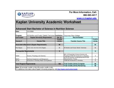 For More Information, Call: [removed]www.cc.kaplan.edu Kaplan University Academic Worksheet Advanced Start Bachelor of Science in Nutrition Science