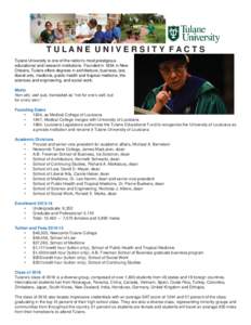 TULANE UNIVERSITY FACTS Tulane University is one of the nation’s most prestigious educational and research institutions. Founded in 1834 in New Orleans, Tulane offers degrees in architecture, business, law, liberal art