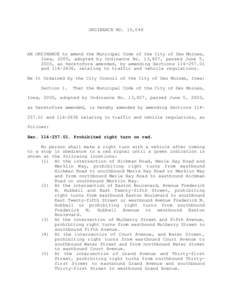 ORDINANCE NO. 15,049  AN ORDINANCE to amend the Municipal Code of the City of Des Moines, Iowa, 2000, adopted by Ordinance No. 13,827, passed June 5, 2000, as heretofore amended, by amending Sections[removed]and 114-2