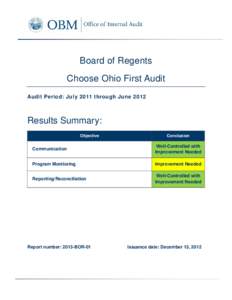 Board of Regents Choose Ohio First Audit Audit Period: July 2011 through June 2012 Results Summary: Objective