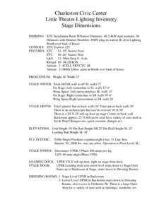 Charleston Civic Center Little Theatre Lighting Inventory Stage Dimensions DIMMING ETC Installation Rack W/Sensor Dimmers, 48-2.4kW dual modules, 96 Dimmers with Dimmer Doublers. DMX plug-in station SL & in Lighting Boot