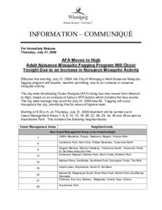 Microsoft Word - PSA - AFA Moves to High - Adult Nuisance Mosquito Fogging Program Will Occur Tonight due to an Increase in Mos