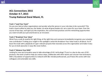 ACL Connections 2015 October 4-7, 2015 Trump National Doral Miami, FL Track 1 “Lead Your Team” Do you ever look at other organizations and wonder what the person in your role does to be successful? This track is hand