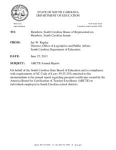 STATE OF SOUTH CAROLINA DEPARTMENT OF EDUCATION Mick Zais Superintendent[removed]Senate Street