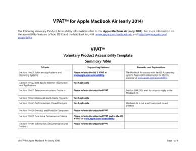 VPAT™ for Apple MacBook Air (early[removed]The following Voluntary Product Accessibility information refers to the Apple MacBook air (early[removed]For more information on the accessibility features of Mac OS X and the Ma