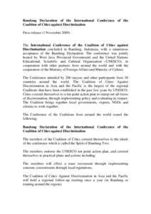 Bandung Declaration of the International Conference of the Coalition of Cities against Discrimination Press release (1 November[removed]The International Conference of the Coalition of Cities against Discrimination conclud