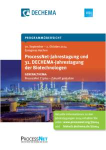 P R O G R A MMÜ B E R S I C H T 30. September – 2. Oktober 2014 Eurogress Aachen ProcessNet-Jahrestagung und 31. DECHEMA-Jahrestagung