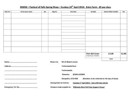 MWSG – Festival of Fells Spring Show – Sunday 13th April 2014 Entry form - £5 per class Class No Horse/pony name  Sex