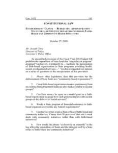 Gen[removed]CONSTITUTIONAL LAW ESTABLISHMENT CLAUSE – BUDGETARY ADMINISTRATION –
