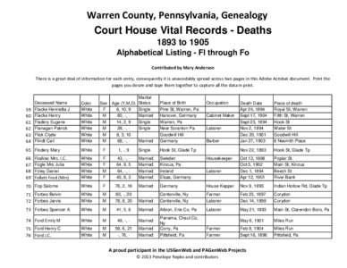 Warren County, Pennsylvania, Genealogy Court House Vital Records - Deaths 1893 to 1905 Alphabetical Listing - Fl through Fo Contributed by Mary Anderson There is a great deal of information for each entry, consequently i