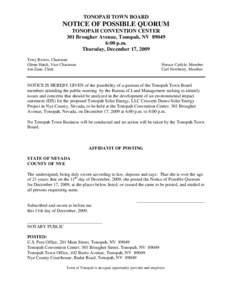 TONOPAH TOWN BOARD  NOTICE OF POSSIBLE QUORUM TONOPAH CONVENTION CENTER 301 Brougher Avenue, Tonopah, NV[removed]:00 p.m.