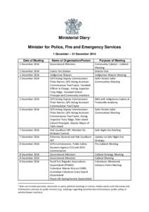 Ministerial Diary1 Minister for Police, Fire and Emergency Services 1 December – 31 December 2014 Date of Meeting 1 December 2014
