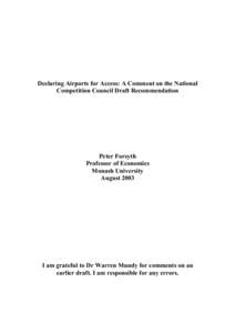 Application for declaration of the airside services at Sydney Airport, Submission by Peter Forsyth in response to NCC Draft Recommendation, August 2003