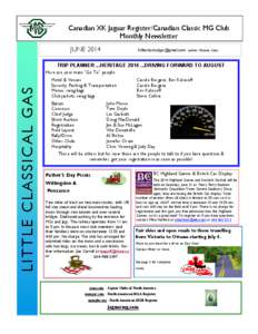 Canadian XK Jaguar Register/Canadian Classic MG Club Monthly Newsletter JUNE[removed]removed] (editor: Rhonda Gale)