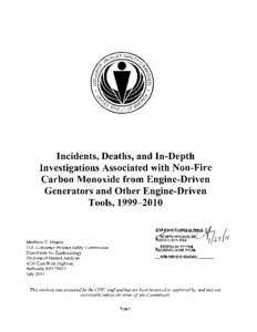 Incidents, Deaths, and In-Depth Investigations Associated with Non-Fire Carbon Monoxide from Engine-Driven Generators and Other Engine-Driven Tool, [removed]
