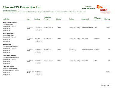 Film and TV Production List  visit us at