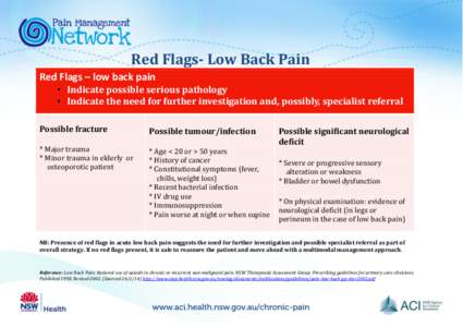 Red Flags- Low Back Pain Red Flags – low back pain • Indicate possible serious pathology • Indicate the need for further investigation and, possibly, specialist referral Possible fracture