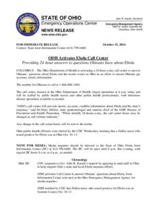 STATE OF OHIO Emergency Operations Center NEWS RELEASE John R. Kasich, Governor Emergency Management Agency