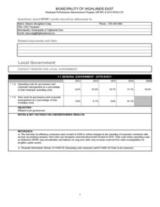 MUNICIPALITY OF HIGHLANDS EAST Municipal Performance Measurement Program (MPMP) ● 2013 RESULTS Questions about MPMP results should be addressed to: Name: Sharon Stoughton-Craig Title: CAO-Treasurer