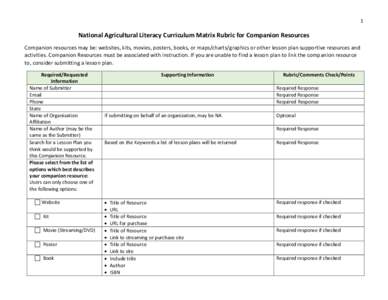 1  National Agricultural Literacy Curriculum Matrix Rubric for Companion Resources Companion resources may be: websites, kits, movies, posters, books, or maps/charts/graphics or other lesson plan supportive resources and