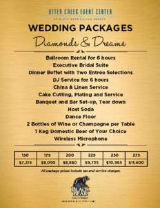 WEDDING PACKAGES  Diamonds & Dreams Ballroom Rental for 6 hours Executive Bridal Suite Dinner Buffet with Two Entrée Selections