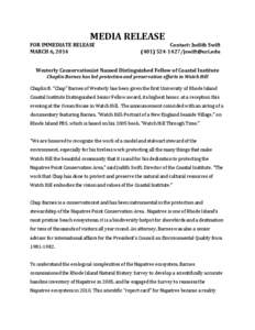 MEDIA RELEASE  FOR IMMEDIATE RELEASE MARCH 6, 2014  Contact: Judith Swift