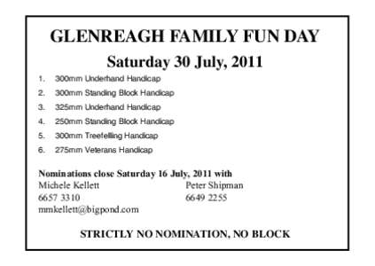 GLENREAGH FAMILY FUN DAY Saturday 30 July, 300mm Underhand Handicap