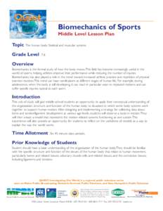Biomechanics of Sports Middle Level Lesson Plan Topic The human body: Skeletal and muscular systems